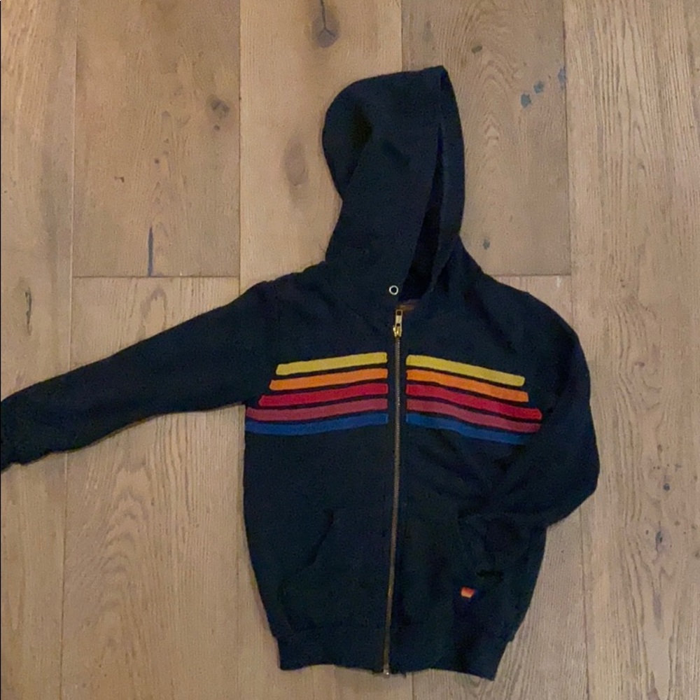 Aviator Nation Black Hoodie with Rainbow Stripes kids size 8